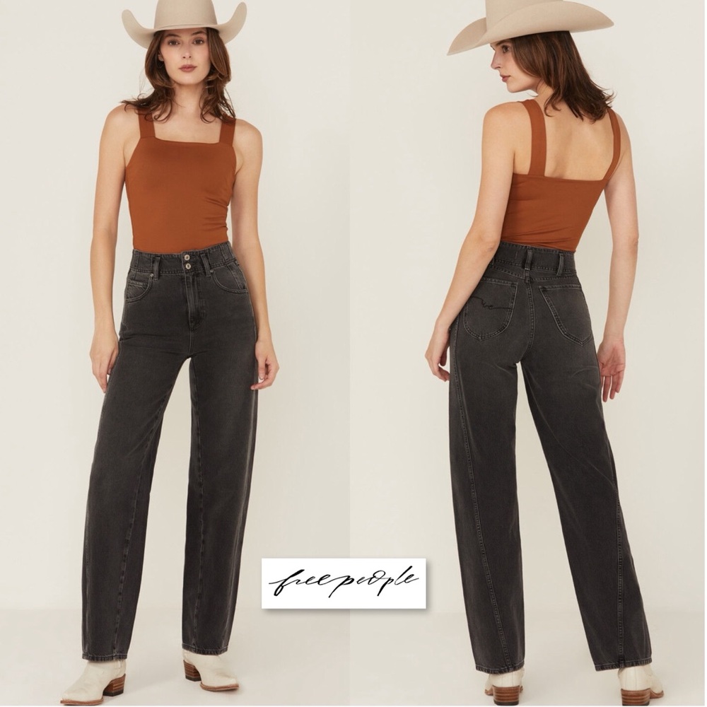FREE PEOPLE ASTER STRAIGHT LEG JEANS in Asteroid Black Gray Size 28 High Rise - Picture 2 of 16